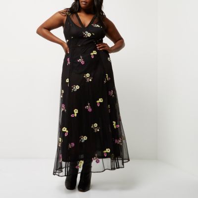 Plus Black floral embroidered maxi dress